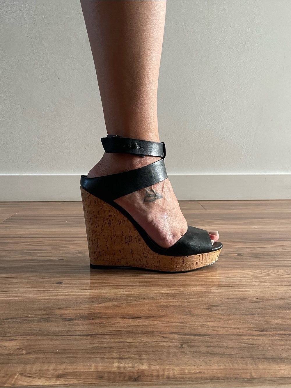 stradivarius Black Cork Wedge Sandals with Ankle Wrap